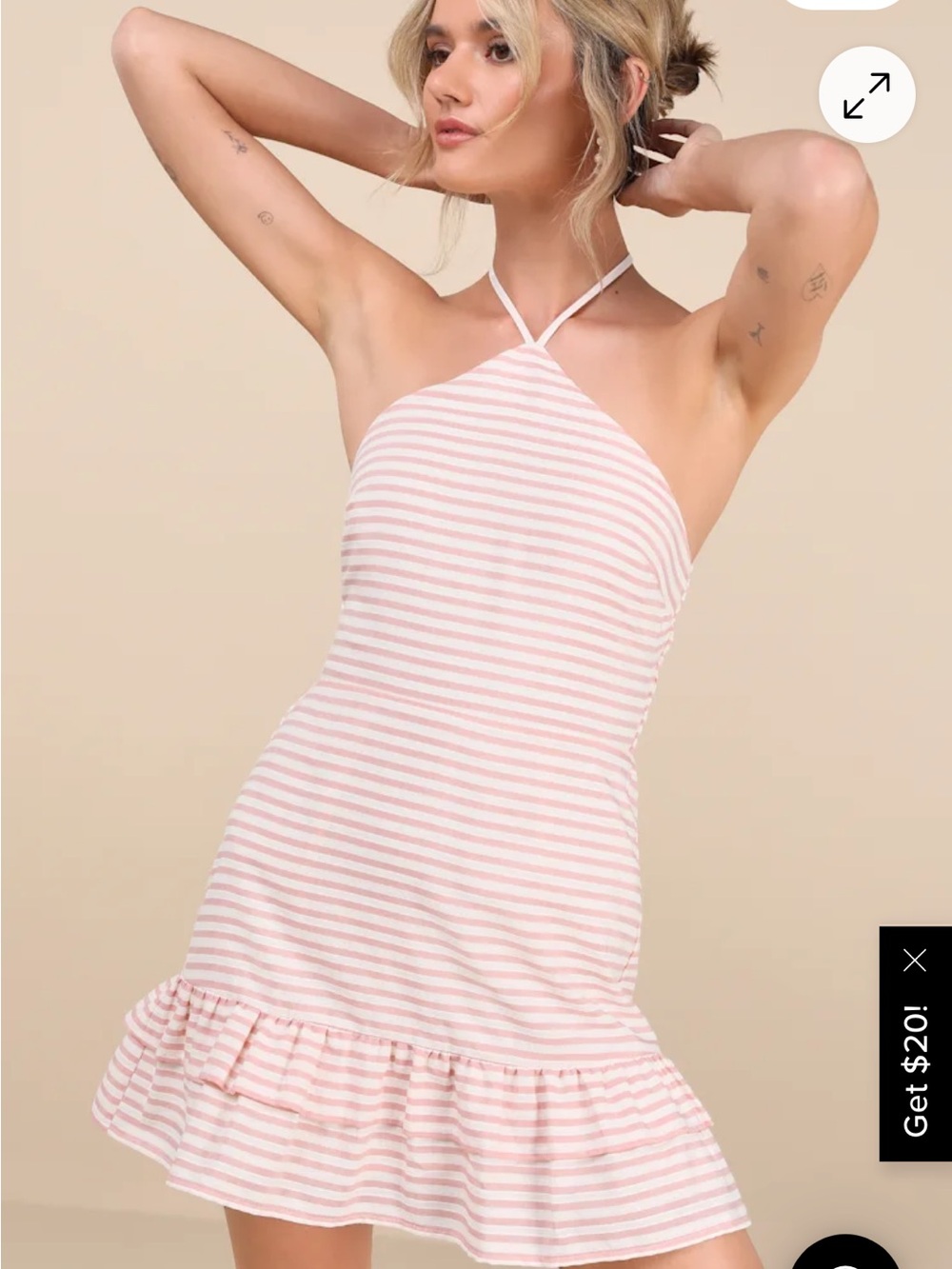 Lulu’s Corilie Pink and White Striped Halter Mini Dress